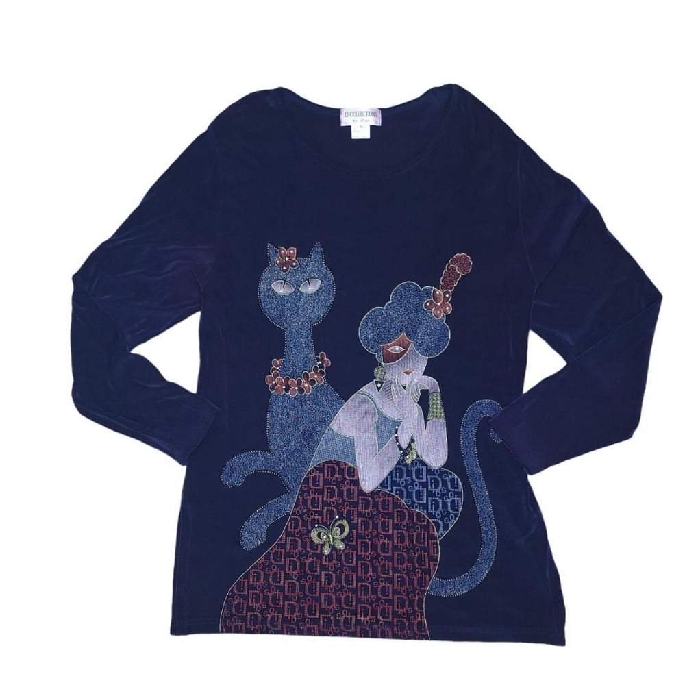 Ls collections rhinestone navy blue cat flapper blouse shirt top women's size l